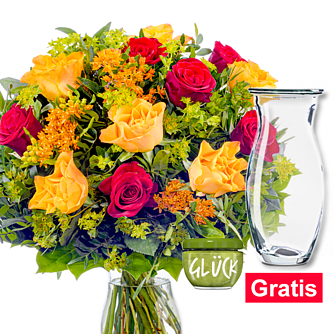Rosenstrauß Rosenzauber mit Vase & GLÜCK-Marmelade