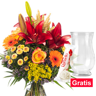 Blumenstrauß Herbstgedicht mit Vase & Ferrero Raffaello
