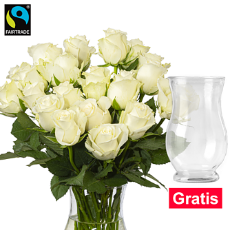 20 weiße Fairtrade Rosen im Bund mit Vase