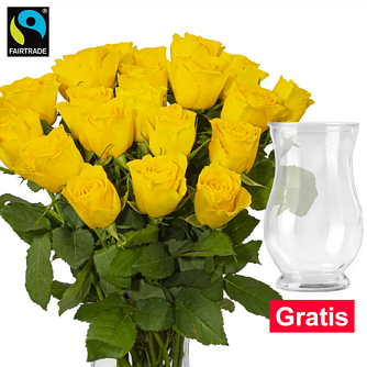 20 gelbe Fairtrade Rosen im Bund mit Vase