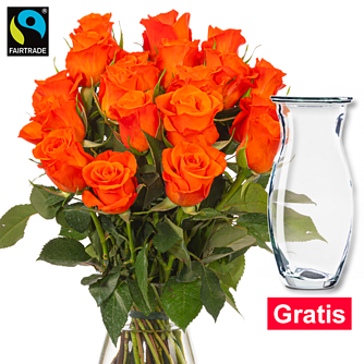 Orange Fairtrade Rosen im Bund mit Vase