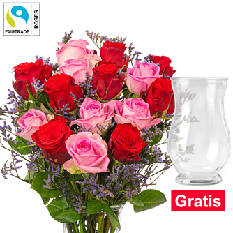 15 Fairtrade Rosen im Bund mit Limonium mit Vase
