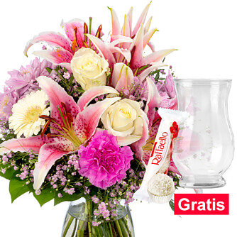 Blumenstrauß Traumhaft mit Vase & Ferrero Raffaello