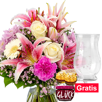 Blumenstrauß Traumhaft mit Vase & 2 Ferrero Rocher & GLÜCK-Marmelade
