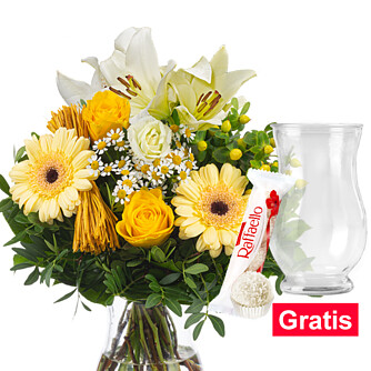 Blumenstrauß Sonnenlicht mit Vase & Ferrero Raffaello