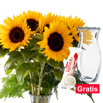 7 Sonnenblumen im Bund mit Vase & Ferrero Raffaello