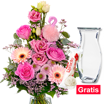 Blumenstrauß Flamingo mit Vase & Ferrero Raffaello