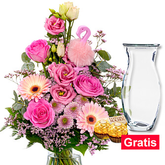 Blumenstrauß Flamingo mit Vase & 2 Ferrero Rocher