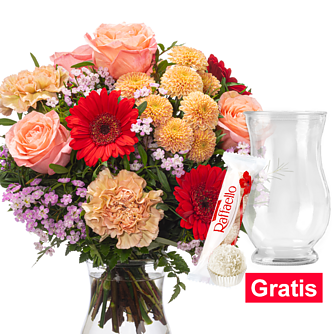 Blumenstrauß Sommerfarben mit Vase & Ferrero Raffaello