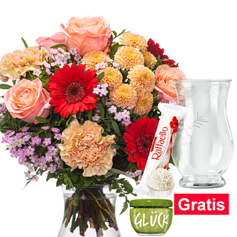 Blumenstrauß Sommerfarben mit Vase & Ferrero Raffaello & GLÜCK-Marmelade