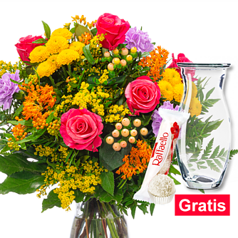 Blumenstrauß Farbexplosion mit Vase & Ferrero Raffaello