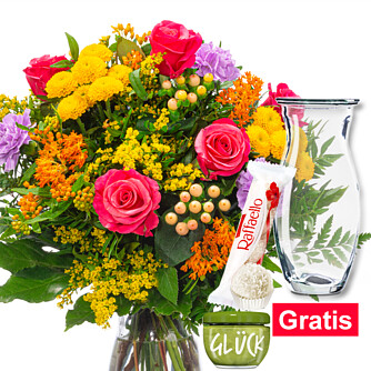 Blumenstrauß Farbexplosion mit Vase & Ferrero Raffaello & GLÜCK-Marmelade
