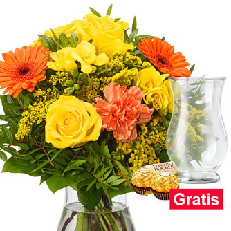 Blumenstrauß Sonnenlicht mit Vase & 2 Ferrero Rocher