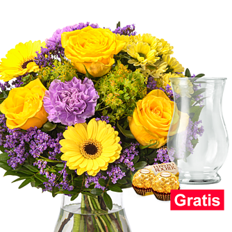 Blumenstrauß Frühlingsüberraschung mit Vase & 2 Ferrero Rocher