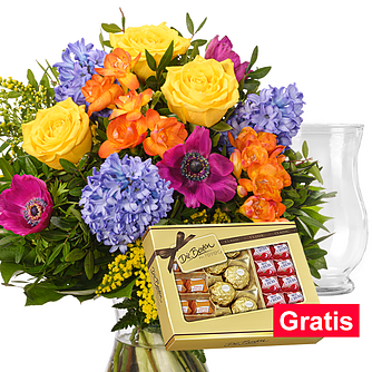 Blumenstrauß Farbenfreude mit Vase & Ferrero "Die Besten"