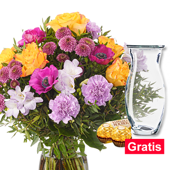 Blumenstrauß Blütenromanze mit Vase & 2 Ferrero Rocher