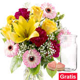 Blumenstrauß Happy Day mit Vase & Herzpralinen